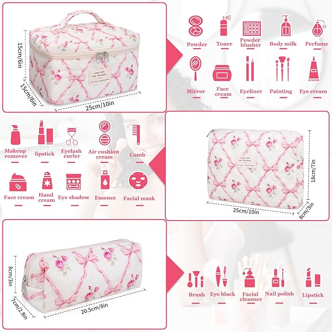 3PC Makeup Bag Set, Quilted Makeup Bag, Large Floral Cosmetic Bag for Women, Cute Cotton Makeup Bags, Flower Travel Toiletry Organizer Bag (Pink Flower)
