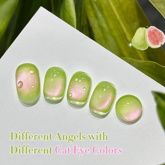 Double Rhythm 0.5 OZ Cat Eye Gel Polish with Magnet 15ML Holographic Glitter Shimmer Translucent Jelly Color Magnetic Nail Polish Salon DIY at Home (Green Pink-MC1214)