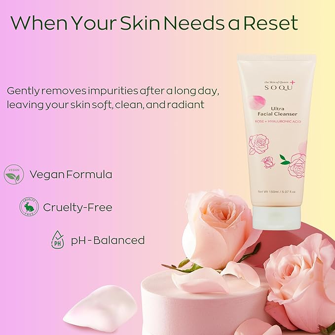 Rose Facial Cleanser with Hyaluronic Acid – Hydrating Daily Face Wash for Glowing Skin – Made in Korea – 150ml