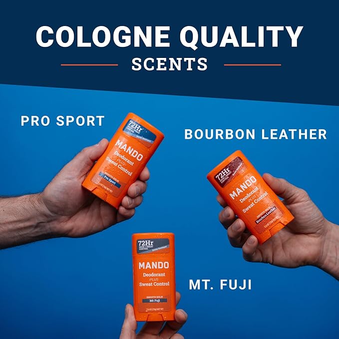 Mando Antiperspirant Deodorant Sweat and Odor Control for Men – Extra Strength Smooth Solid Stick – 72 Hour Performance – Baking Soda Free – 2.6 oz – 3 Pack – Bourbon Leather, Pro Sport, Mt Fuji