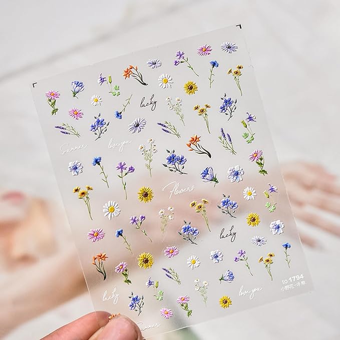 Flower Nail Art Stickers Decals 5D Flowers Nail Stickers Summer Daisy Sunflower Design Nail Decals for Nail Art Decorations Flower Stickers for Nails Fresh Floral Manicure Sliders for Women Girls