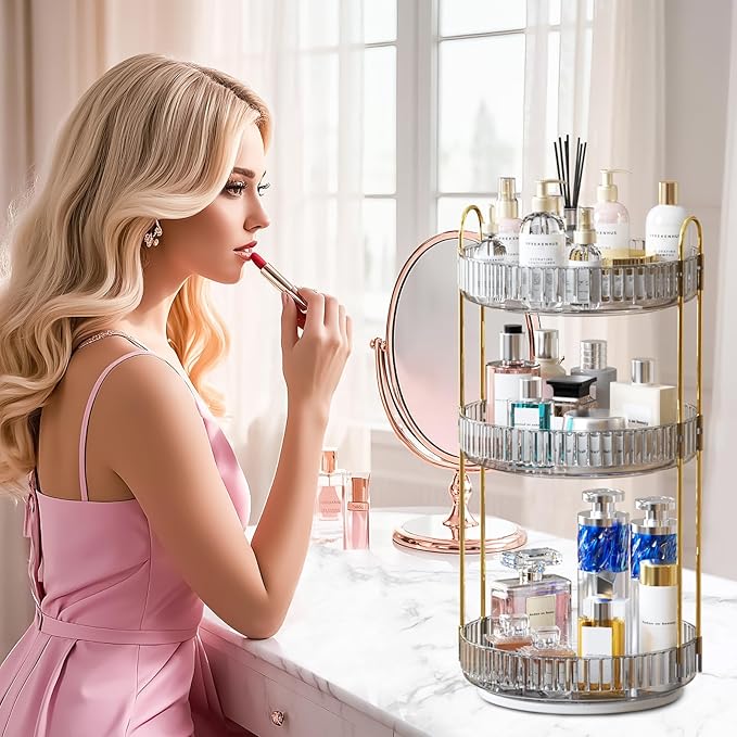 GTI 360°Rotating Makeup Organizer, 3 Tier Large Capacity Perfume Cosmetics Skincare Vanity Organizers,Bathroom Counter Organizer, Dresser Spinning Countertop Organizer and Storage for Women (Grey)