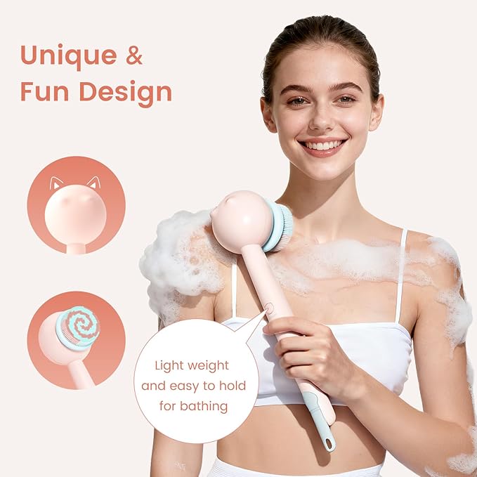 Electric Back Scrubber for Shower Body Brush, Waterproof Shower Body Scrubber for Cleansing, Massaging, Rechargeable Bath Brush for Kids & Adults with 2 Heads & 3 Speed Modes, Berry Pink XY0
