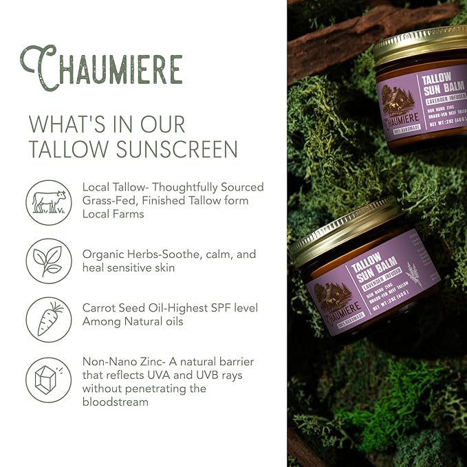 Lavender Tallow Sunscreen SPF 50 – Grass-Fed Beef Tallow Balm with Carrot Seed Oil & Non-Nano Zinc – Organic Face & Body Moisturizer, Reef Safe, Naturally Scented – 2.5oz x 3, Made in USA