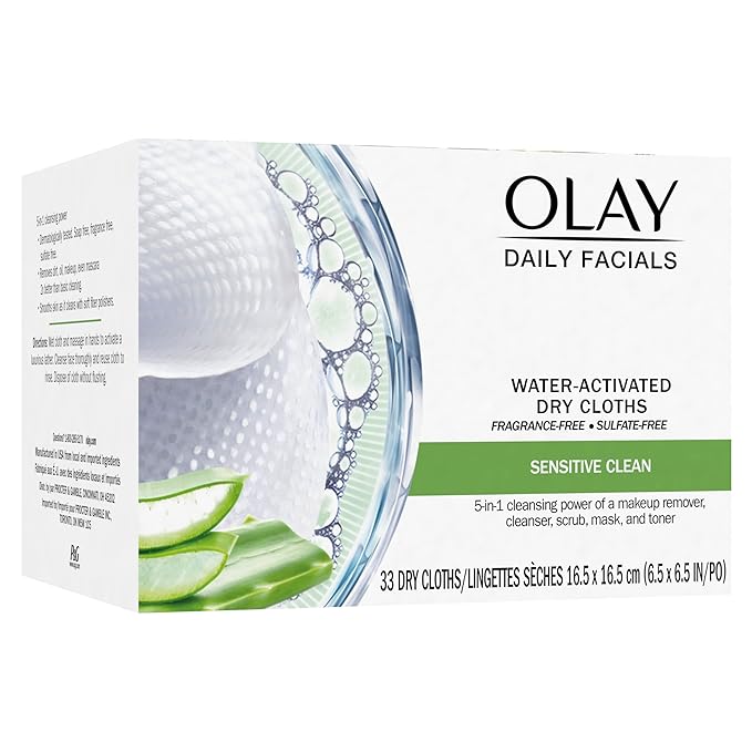 Olay Daily Facials for Clean Sensitive Skin, Makeup Remover Wipes, Soap-Free and Fragrance-Free Cleanser Cloths, 33 Count (Pack of 3)