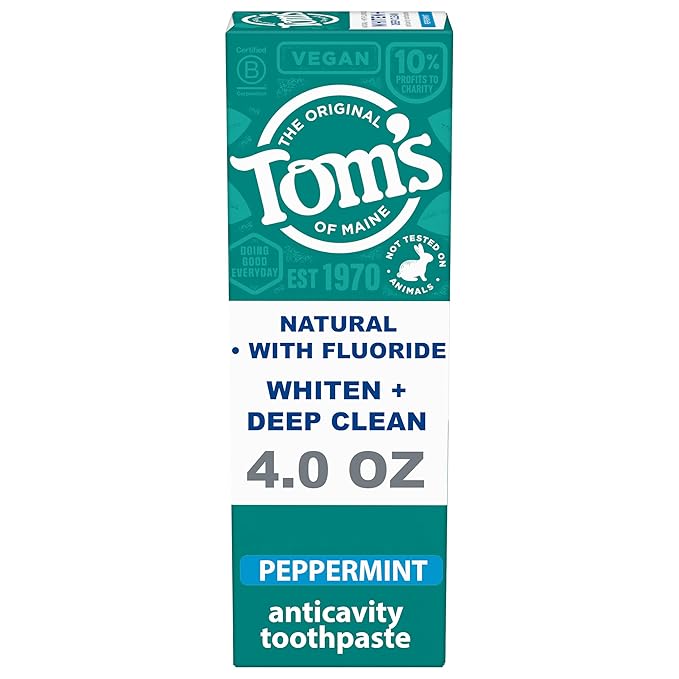 Tom’s of Maine Whiten Plus Deep Clean Whitening Toothpaste, Natural Whitening Toothpaste with Plant-Based Cleansers, Enamel Safe Formula, Whitens Without Causing Sensitivity, Peppermint, 4.0 oz