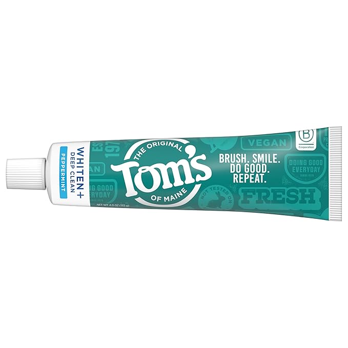 Tom’s of Maine Whiten Plus Deep Clean Whitening Toothpaste, Natural Whitening Toothpaste with Plant-Based Cleansers, Enamel Safe Formula, Whitens Without Causing Sensitivity, Peppermint, 4.0 oz