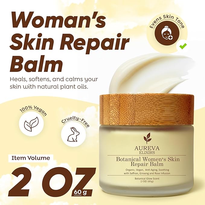 Botanical Woman’s Skin Balm – Cleansing Balm Moisturizer – Makeup Remover for Face, Body, Neck & Décolleté Drynes – Saffron, Ginseng, Rose Infusion