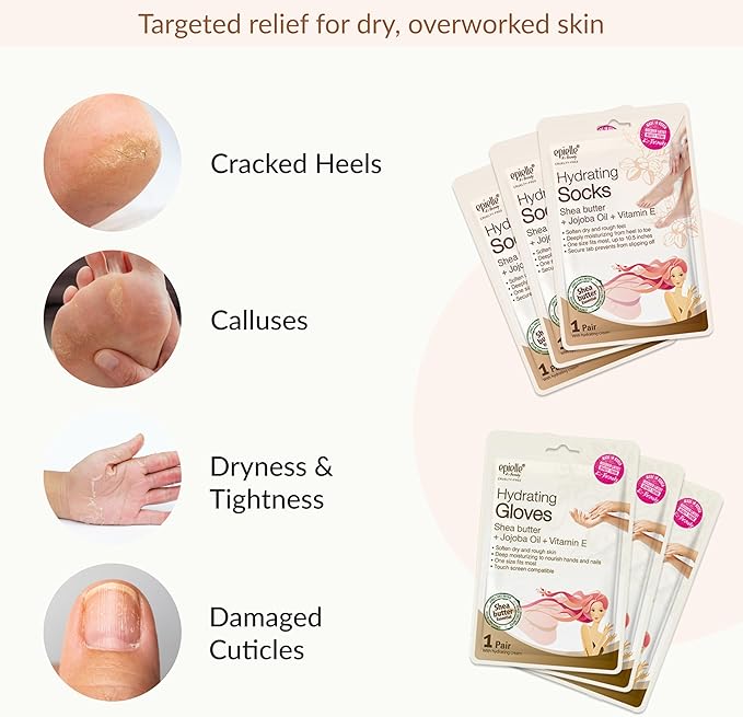 Epielle Hydrating Hand & Foot Masks for Dry, Overworked Skin, Self Care Gifts for Women, Spa Kit, Stocking Stuffers, Thanksgiving Essentials, 6 Moisturizing Gloves & 6 Moisturizing Socks