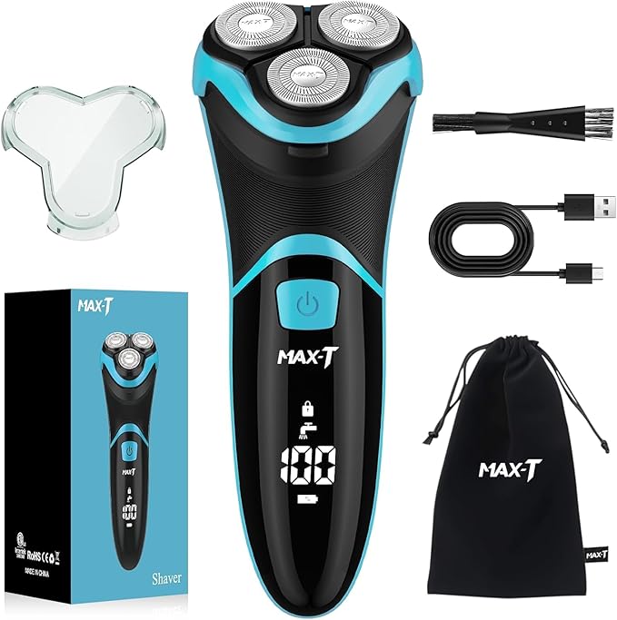 MAX-T Electric Razor for Men with Pop-Up Trimmer, IPX7 Waterproof Electric Shaver, 3D Rotary Shaver, Rechargeable Cordless Shavers for Men, Type-C, 120Mins Runtime, Plug & Play