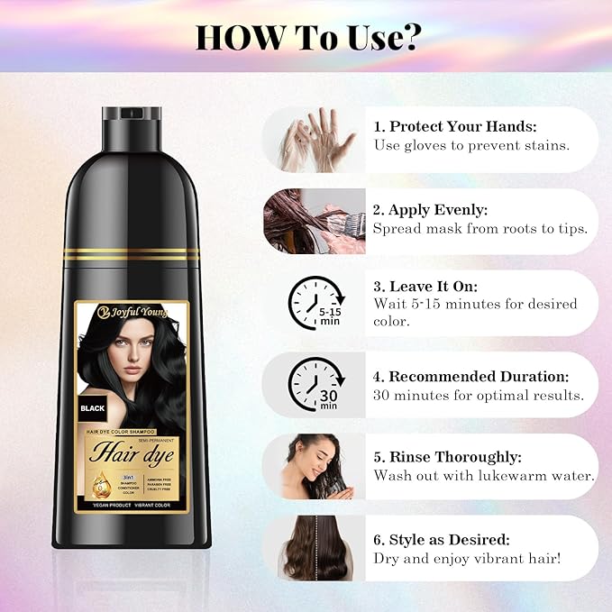 Herbal Hair Dye Shampoo 3-in-1 Vegan Color for Gray Hair - Ammonia-Free for Men & Women – Beard & Hair Coloring – Instant Gray Coverage Champú Para Canas Mujer & Hombre (BLACK)