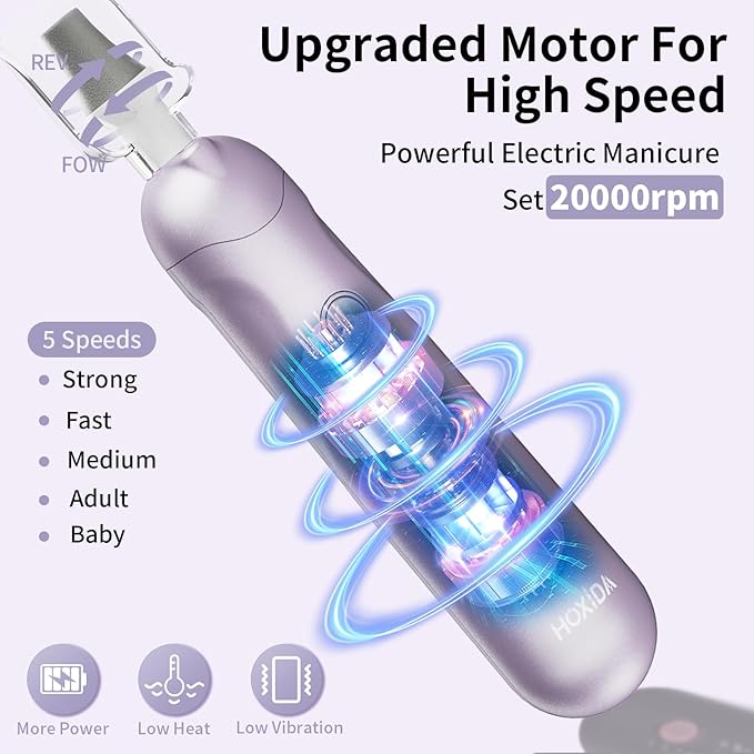 Professional Manicure Pedicure Kit, Cordless Electric Nail File Set, Rechargeable Pedicure Tools for feet, 5 Speeds Hand Foot Care Nail Drill for Thick Nail Toenail Cuticle Women Men Baby Pets-Purple
