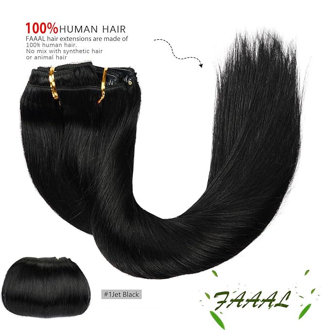 20" Clip in Human Hair Extensions Full Head 180g 7 Pieces 16 Clips 1# Jet Black Double Weft Brazilian Real Remy Hair Extensions Thick Straight Silky (20",180g Jet Black)
