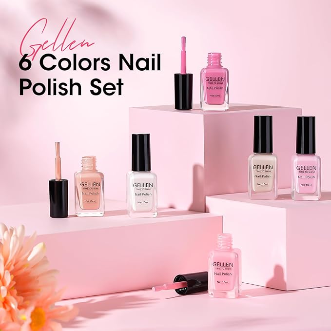 GELLEN Nude Nail Polish, Quick Air Dry Natural Traditional Regular Nail Polish 6 Colors Nude Pink White Set for Acrylic Natural Nails Home Salon, Non Gel, No UV, Chip Resistant, Hema Free, Non-toxic