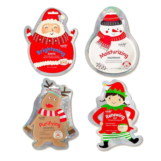 Epielle Holiday Character Face Mask 4 Pack, Fun & Effective Korean Skin Care, Spa Party Favors, Stocking Stuffers, Birthday Gifts for Women, Thanksgiving Essentials