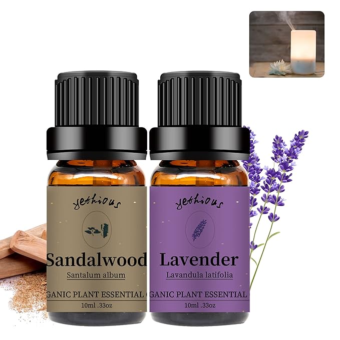 yethious Sandalwood Lavender Essential Oil Set 2 Pack 100% Pure Organic Sandalwood Essential Oil Undiluted Lavender Aromatherapy Oils for Diffuser, Perfume, Soap, Candle Making 2 x 10ML