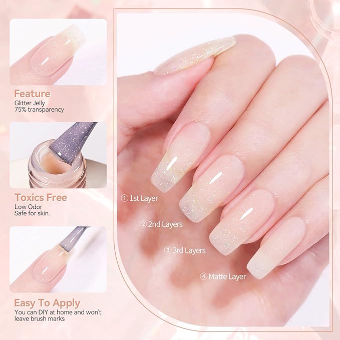 BORN PRETTY Jelly Gel Nail Polish Jelly Glitter Nude Pink Gel Polish Holographic Shimmer Nude Pink Natural Translucent Soak Off Hema-Free Gel Polish Nail Art DIY 15ML