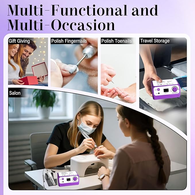 Electric Nail File Nail Drill Professional 35000RPM Electric E Filer for Nails with Sanding Bands and Nail Drill Bits for Acrylic, Gel Nail Manicure & Pedicure, Purple