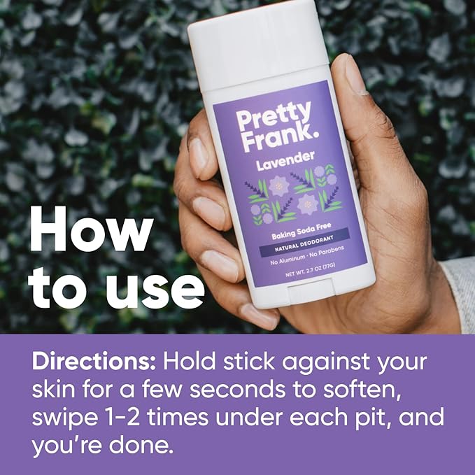 Pretty Frank Natural Aluminum-Free Deodorant Stick, Baking Soda-Free, Lavender (1-Pack) | Sensitive Skin Friendly, Effective Odor Control for Women & Men, Organic Ingredients and Essential Oils