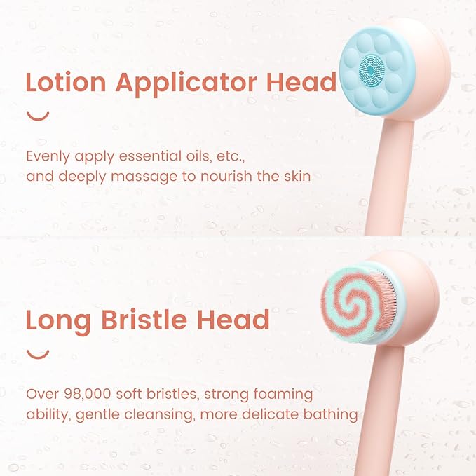 Electric Back Scrubber for Shower Body Brush, Waterproof Shower Body Scrubber for Cleansing, Massaging, Rechargeable Spinning Bath Brush for Kids & Adults with 2 Heads & 3 Speed Modes, Pink