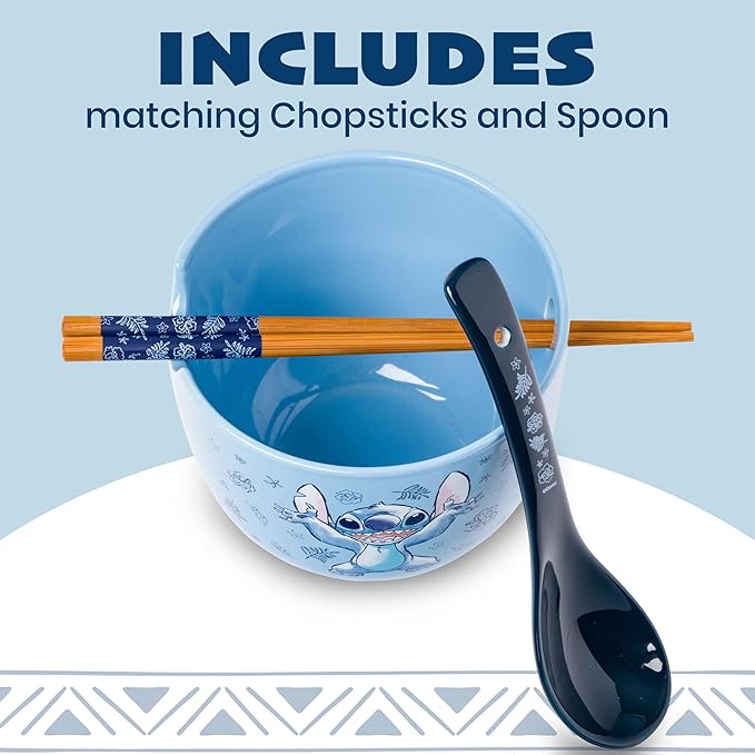 Silver Buffalo Disney Lilo and Stitch Hands Up Leaves and Flowers Ceramic Ramen Noodle Rice Bowl with Chopsticks and Spoon, Microwave Safe, 20 Ounces