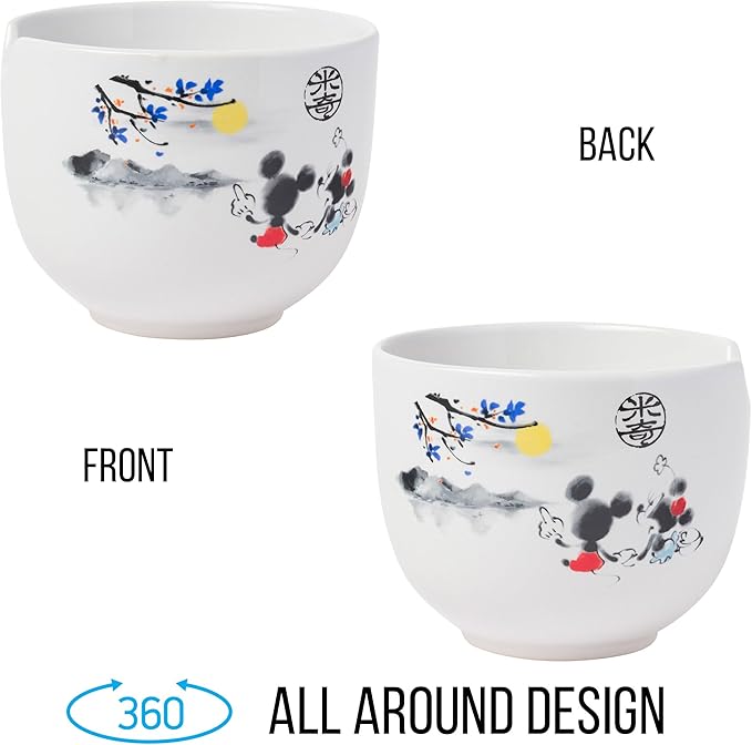 Silver Buffalo Disney Mickey and Minnie Watercolor Watching the Sunset Ceramic Ramen Noodle Rice Bowl with Chopsticks, Microwave Safe, 20 Ounces