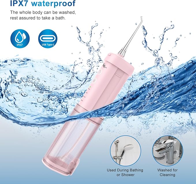 Mini Portable Water Flosser Oral Irrigator Water Teeth Cleaner Pick, Telescopic Water Tank, 4 Modes & IPX7 Waterproof, Home & Travel Water Flossers for Teeth, Braces Bridges Care. (Pink)