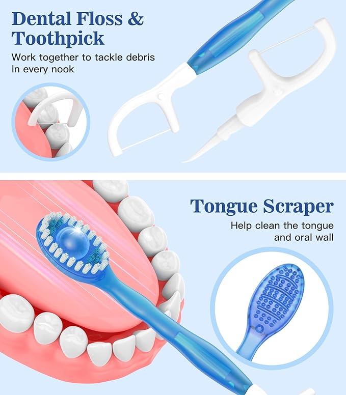 12 Pack 5 in 1 Disposable Mini Toothbrushes with Toothpaste, Floss, Pick & Tongue Scraper, Individually Wrapped, Portable Toothbrush Travel Set for Kids Adults, Mixed Flavor