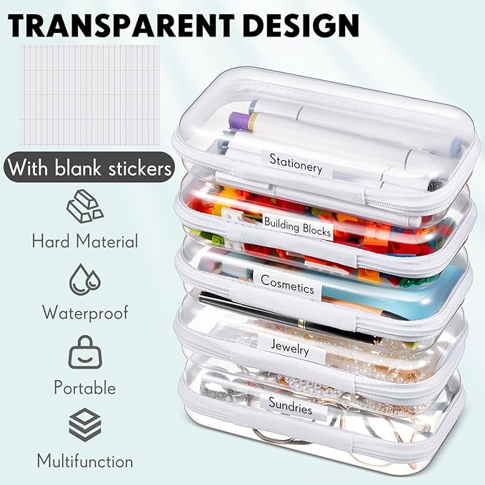 Sanwuta 10 Pcs Hard Zipper Case Clear Hard Pouches Plastic Zipper Pencil Box Toy Storage Bins Portable Plastic Container for Travel Toiletry Office Cosmetic Block Puzzle Organizer(S,Clear)