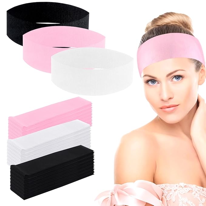 WILLBOND 200 Pieces Disposable Spa Facial Headbands Stretch Non Woven Facial Headband Skin Care Hair Band with Soft Convenient Closure for Women Salons (White, Pink, Black)