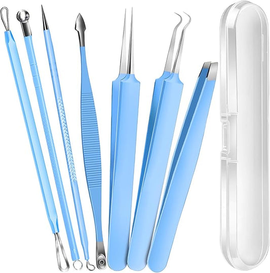 Teenitor 7 Pcs Professional Blackhead Remover Tweezers and Pimple Popper Tool Kit, Tweezers for Women Facial Hair, Blackhead Extractor, Pimple Extractor, Light Blue