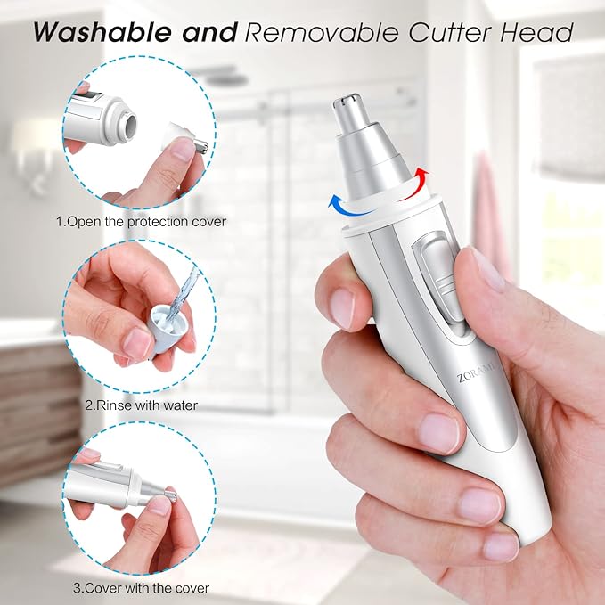 Ear and Nose Hair Trimmer Clipper - 2025 Professional Painless Eyebrow & Facial Hair Trimmer for Men Women, Battery-Operated Trimmer with IPX7 Waterproof, Dual Edge Blades for Easy Cleansing White