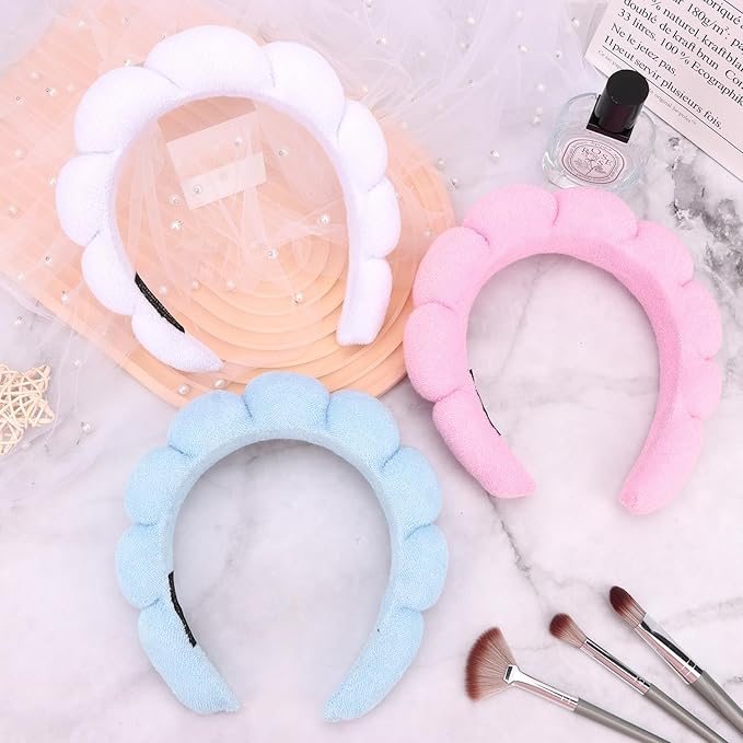 3 Pack Spa Headbands - Terry Cloth Puffy Hair Bands for Skincare, Makeup Removal, and Face Washing