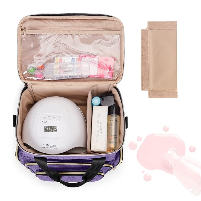 BAFASO Double Layer Nail Polish Organizer Holds 70 Bottles (15ml - 0.5 fl.oz) and a Nail Dryer, Nail Polish Case with 2 Removable Pouches and Tools Storage Sections (Patented), Purple