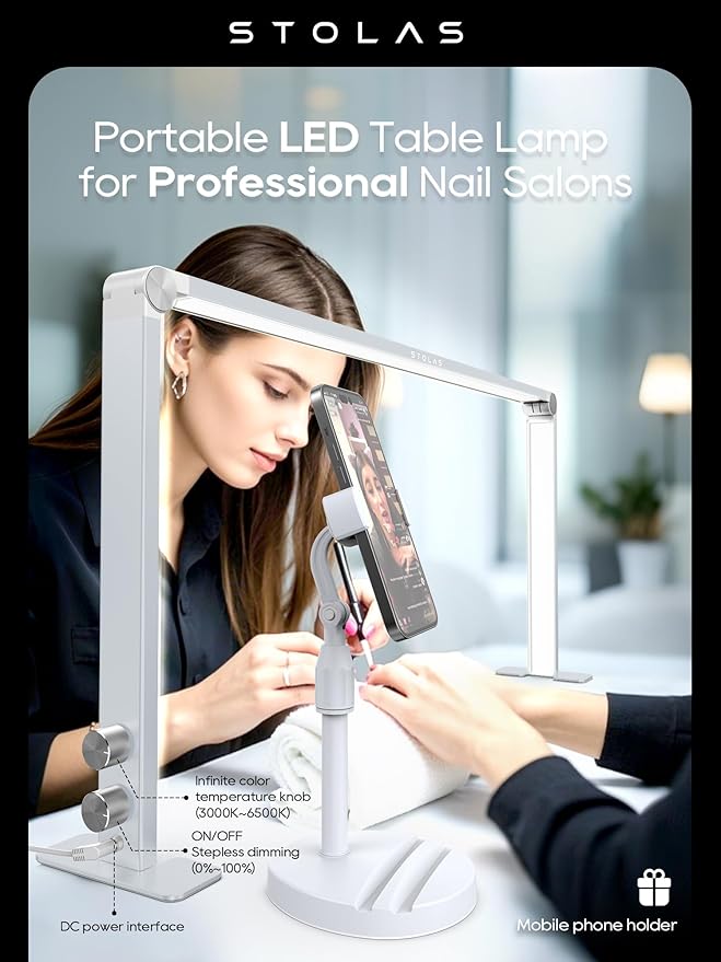 Portable Desk Lamp for Nail Tech, 3 Color Temperature, 4000-6000K Brightness Adjustable LED Nail Light for Desk
