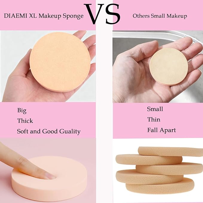 XL Round Makeup Sponge Puff - 50 Pcs Extra Thick 1.5cm Natural Rubber Blender for Liquid Foundation, Dual Wet & Dry Use, Hypoallergenic & Soft for Sensitive Skin (9.5 cm)