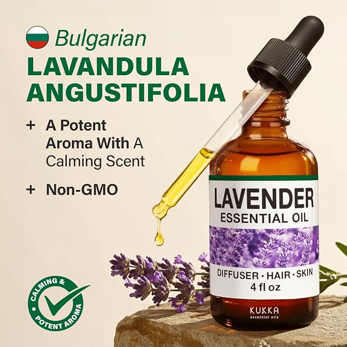 KUKKA Lavender Essential Oils - 4 Fl Oz - for Hair, Skin, Diffuser, Aromatherapy & DIY Soap Making Scent