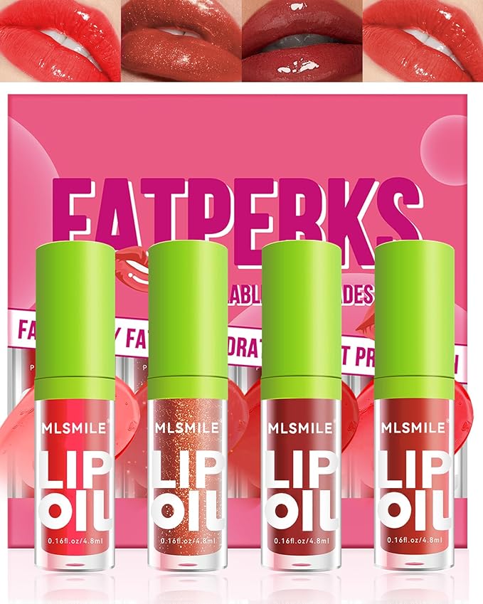 4 Colors Lip Oil Lip Glaze Set,Hydrating Tinted Plumping Lip Gloss,Shiny Glow Reviver Lip Care Oil,Longlasting Non-sticky Transparent Lip Oil, Christmas Makeup Gift Kit for Women Girl-SetB