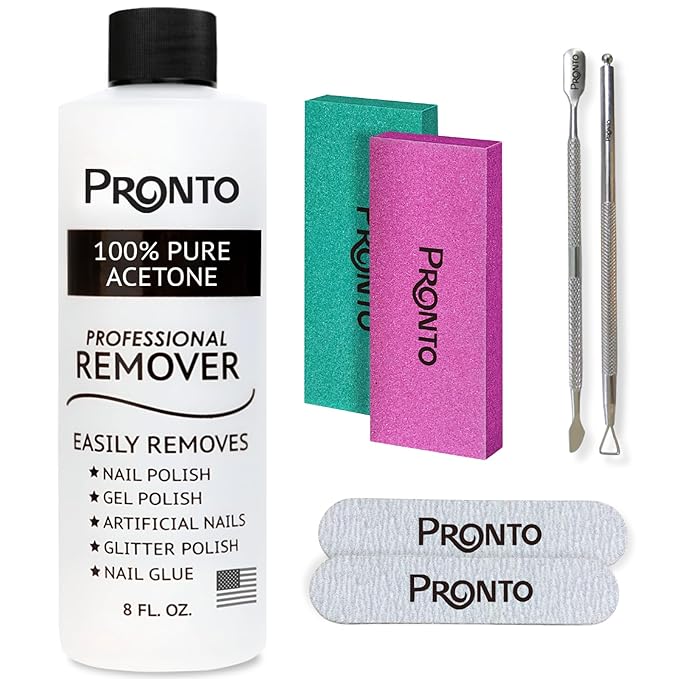 Pronto Acetone Nail Polish Remover 8 Fl Oz with Manicure Kit - Includes Nail File, Buffer, Pusher, Scraper - Pure Acetone 100 Percent - Quick & Professional Gel Acrylic Nail Remover Kit