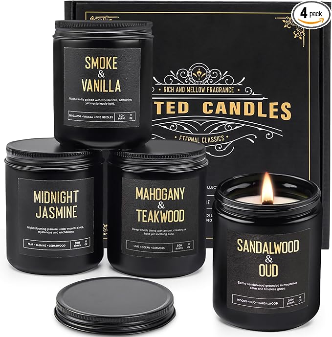 Crackling Wood Wick Candles for Men: 4 Pack 36oz Soy Scented Candles for Home Scented, Up to 200H Burning, Masculine Mens Candle Set, Aromatherapy Candle Gift Set for Fathers Birthday Christmas Gifts