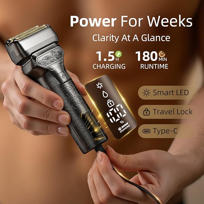 Electric Foil Shaver for Men: Rechargeable Razor with Push-Up Trimmer for Face - Cordless Wet/Dry/Anti-Slip Waterproof Shavers with LED Display - Metal Handheld Design, Gray Silver