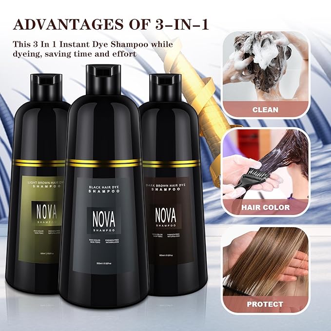 Hair Dye Shampoo & Champu Para Canas - Natural 3-in-1 Instant Gray Coverage for Men & Women (Light brown-500ML)