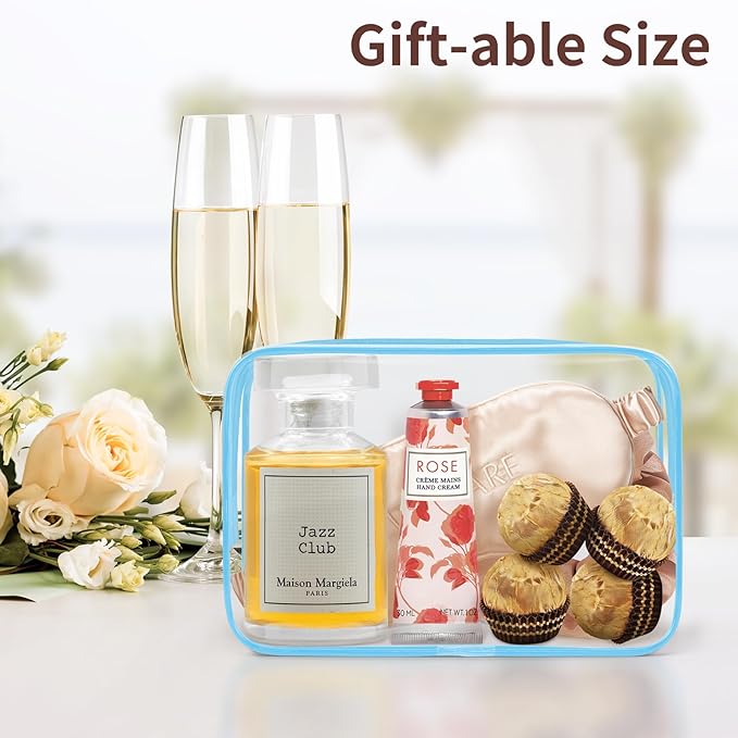 TISRATOK 12 PCS Clear Makeup Bag for Women with Zipper, TSA Approved Toiletry Pouch, Cosmetic Bag Bulk for Travel Organizer Essentials - Blue,Medium