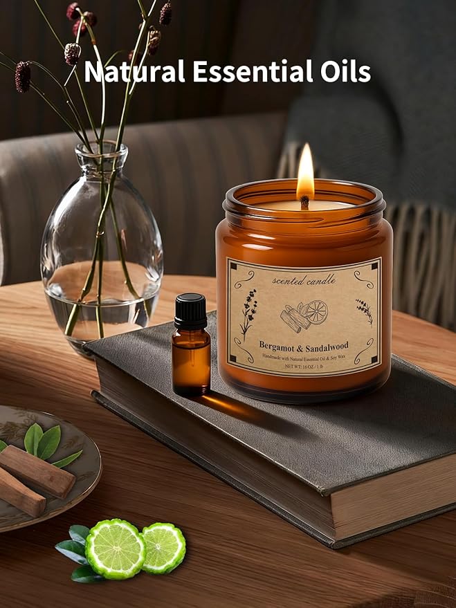 Scented Candles, 16oz Large Jar Soy Wax Candle – Bergamot & Sandalwood with Premium Plant Wax Blend for Consistent Burn, Aromatherapy Candle for Home Scented, Relaxation and Gift for Women/Men
