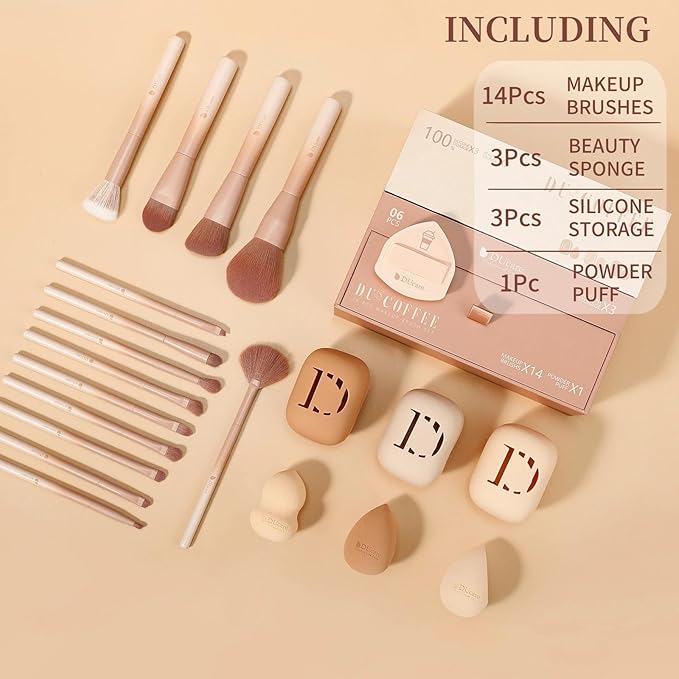 DUcare 21pcs Christmas Makeup Gift Set,with 14Pcs Makeup Brush set 3pcs Makeup Sponges 3pcs Sponge Holder 1pc Powder Puff for Foundation Blending Powder Blush Eyeshadows