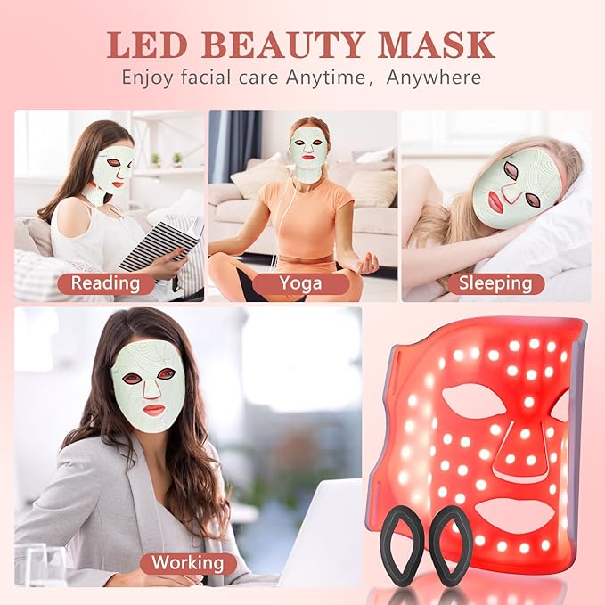 Led Face Mask Light Therapy,Red Light Therapy for Face and Neck,7 Colors LED Facial Skin Care Mask,5 Level Brightness Adjustment,309 LED Beads Can Be Used at Home,White Green