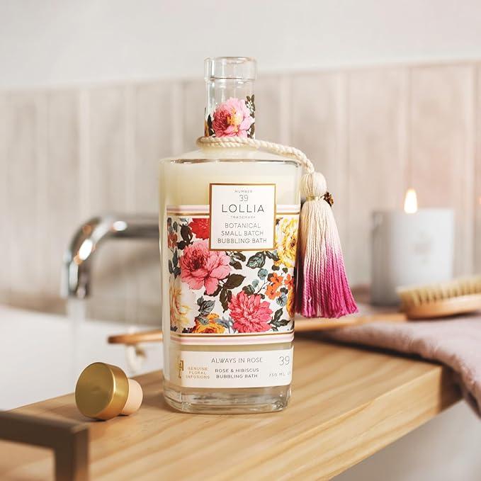 Lollia Always in Rose Bubble Bath, 25 fl oz, Rose & Hibiscus Scented Bubble Skin Care for Women, Moisturizing & Hydrating Luxury Floral Bubbling Bath Soap for Home Spa