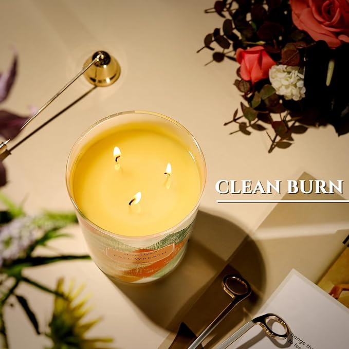 HomeLights Large jar Candle | 3-Wick Long-Lasting Scented Candles, 34oz Natural Soy Wax Candle for Home Scented, Rustic Modern Gifts for Women & Men, Fall Wreath