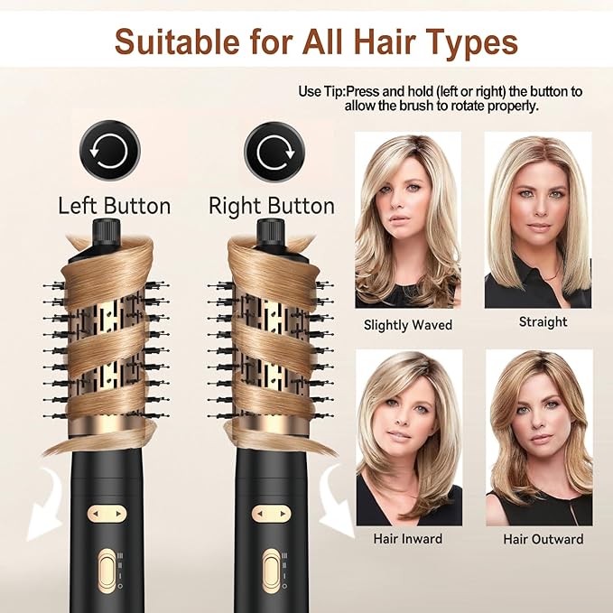 3 in 1 Rotating Hair Dryer Brush Spinning with Detachable Brush(2" & 1.5"),Negative Ionic Brush Blow Dryer 100-120V,3 Heats and 2 Speeds Rotating Hot Air Brush for Curling,Straight,Drying
