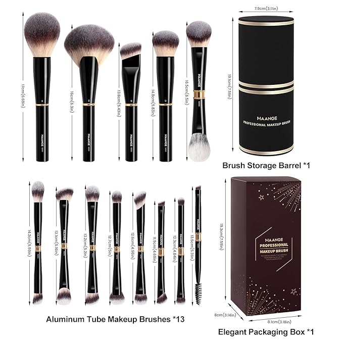 MAANGE 13Pcs Makeup Brushes with Case, Professional Brochas De Maquillaje for Face & Eyes, Soft Synthetic Foundation Powder Blush Eyeshadow Brush Kit with Gift Box,Black